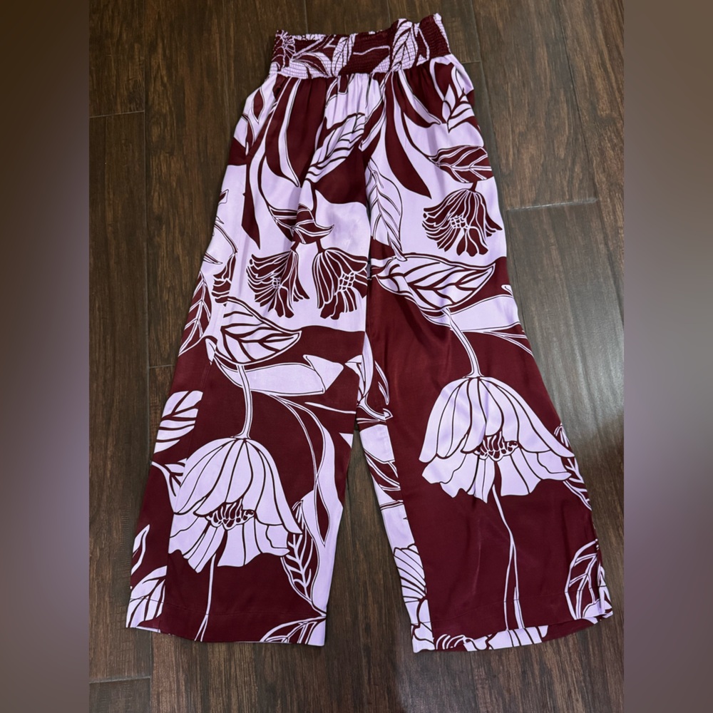 Maeve Maroon and Pink Floral Wide Leg Pants